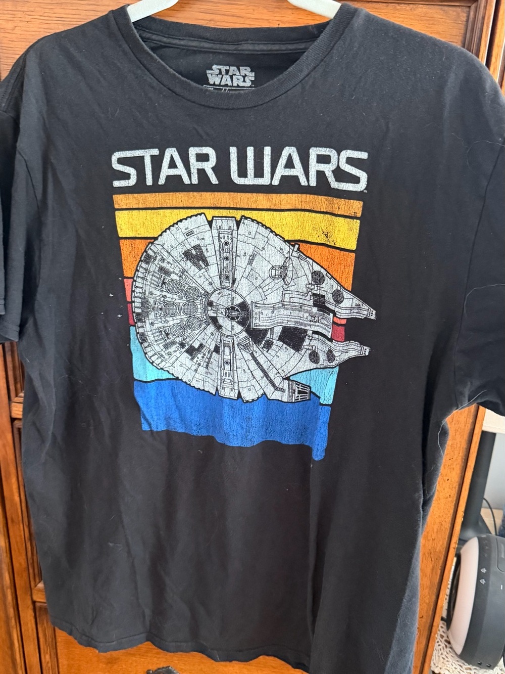 Fifth Sun Black Star Wars Millennium Falcon Graphic Tee with Retro Stripes
